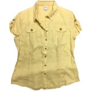 Merona Top 100% Linen Button Front‎ Short Sleeve Camp Shirt Women's M Yellow